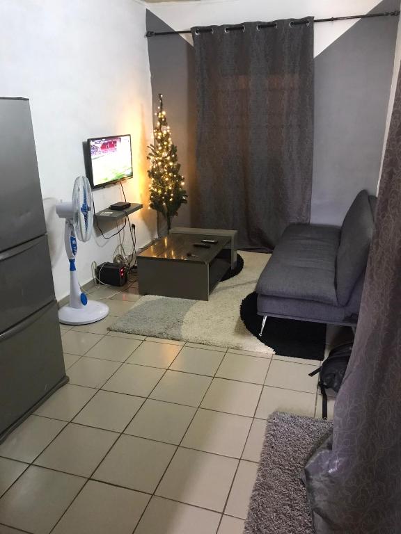 ein Wohnzimmer mit einem Weihnachtsbaum und einer Couch in der Unterkunft Studio Ydé - Nlongkak in Jaunde