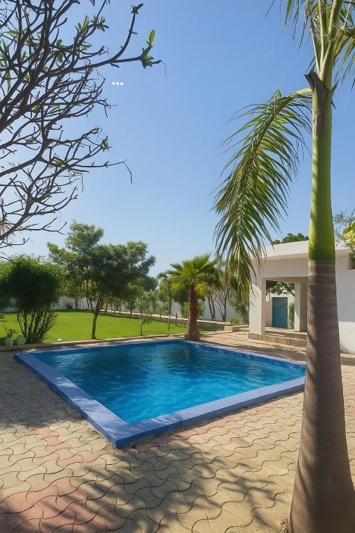 a swimming pool with a palm tree in front of a house at The Casa Bella in Faridabad