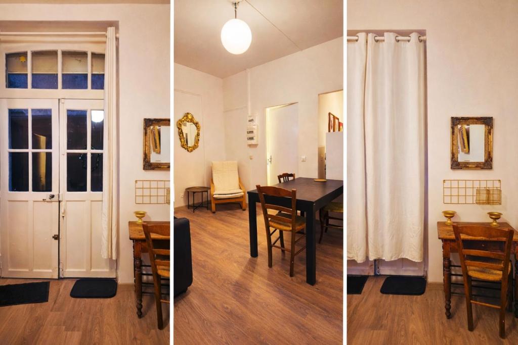 two pictures of a dining room with a table and chairs at Creil Sud, près de l'Oise in Creil