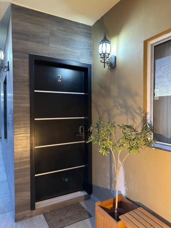 a hallway with a black door and a potted plant at Ancla Suites in Puerto Peñasco