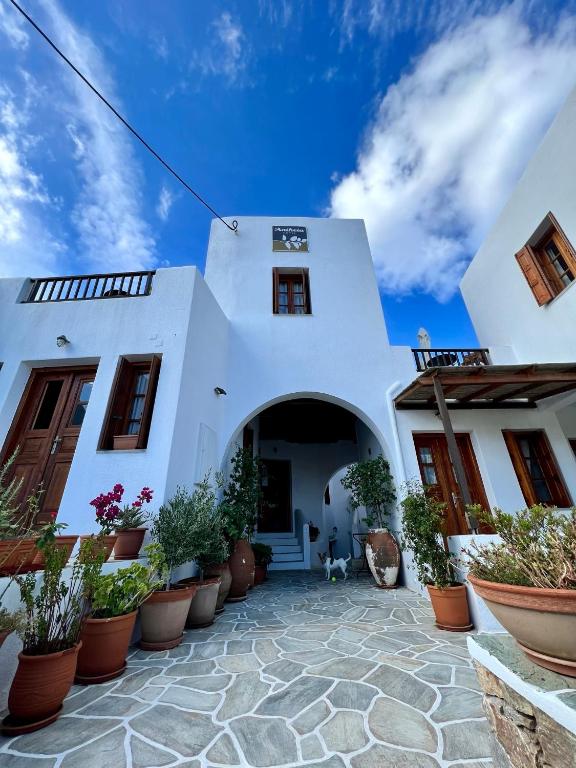 ein weißes Haus mit einem Innenhof mit Topfpflanzen in der Unterkunft Antheia in Folegandros Chora