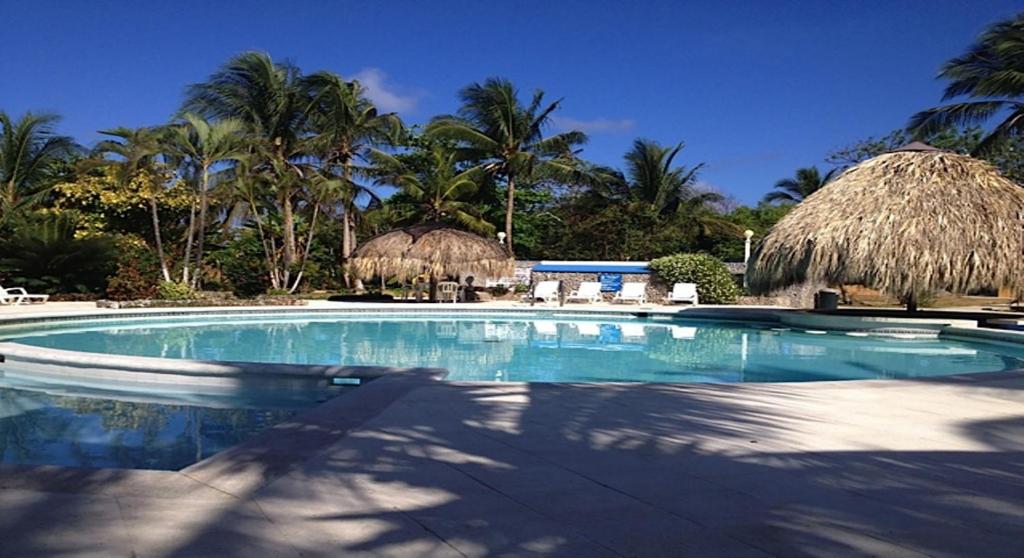 una gran piscina con palmeras en el fondo en South End Villas en San Andrés