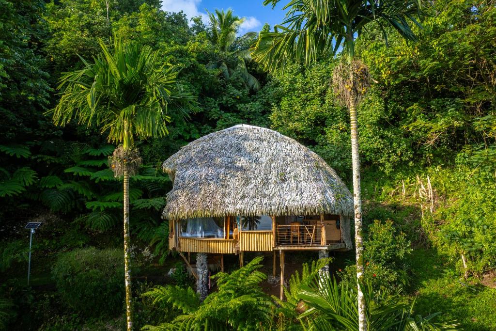 a tree house in a forest with palm trees at Vanira Lodge in Teahupoo