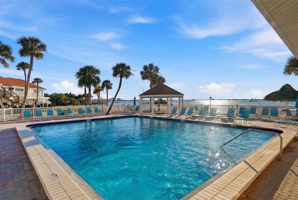 a swimming pool at a resort with palm trees and the ocean at Private Beach, 2 Pools & Hot Tub in St. Petersburg