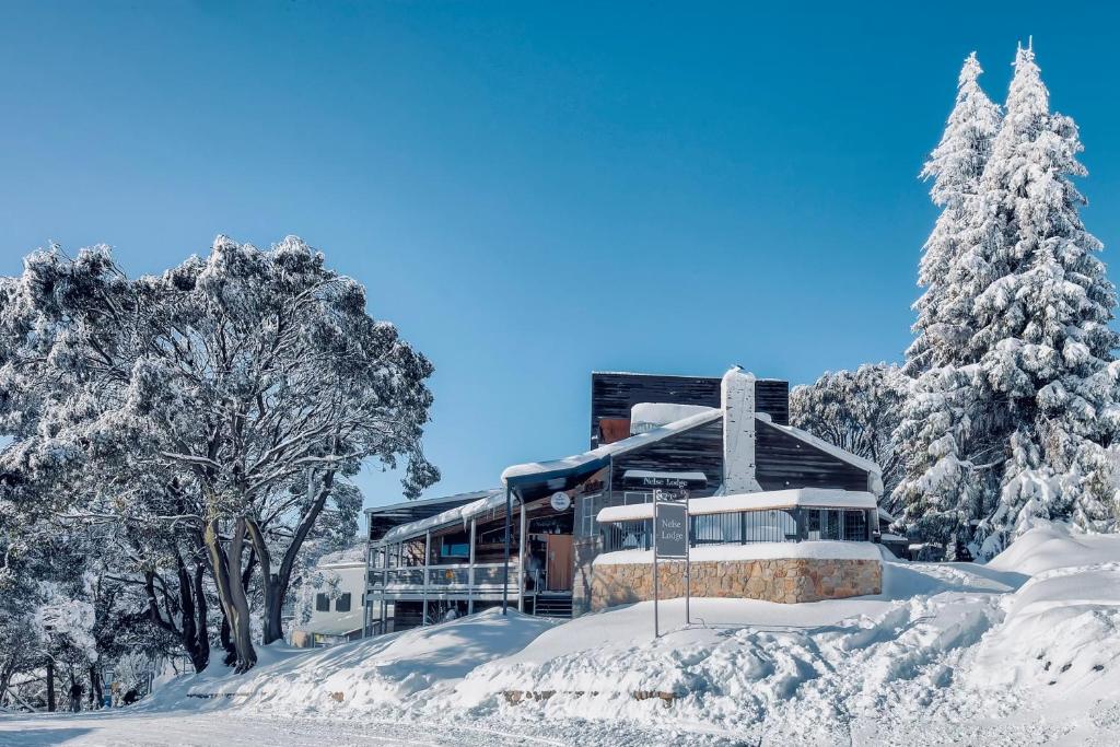 a building covered in snow in front of trees at Nelse Lodge in Falls Creek