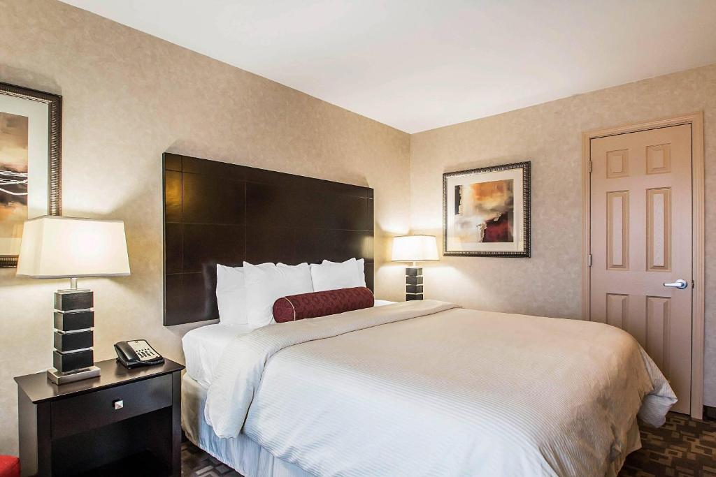 a hotel room with a large bed and a door at Clarion Inn Elmhurst - Oak Brook near I-88, I-290, I-294 in Elmhurst