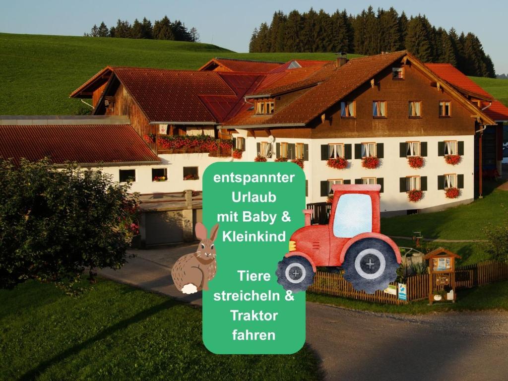 a house with a tractor in front of it at Ferienhof Eger - entspannter Urlaub mit Baby & Kleinkind - wahlweise top modern oder günstige Fewos - ruhig am Ende der Straße - Kälbchen füttern - Traktor fahren - Freie Fahrt mit den Hörnerbahnen in Sommersaison - E-Ladestation - E-bike Verleih ab Hof in Immenstadt im Allgäu
