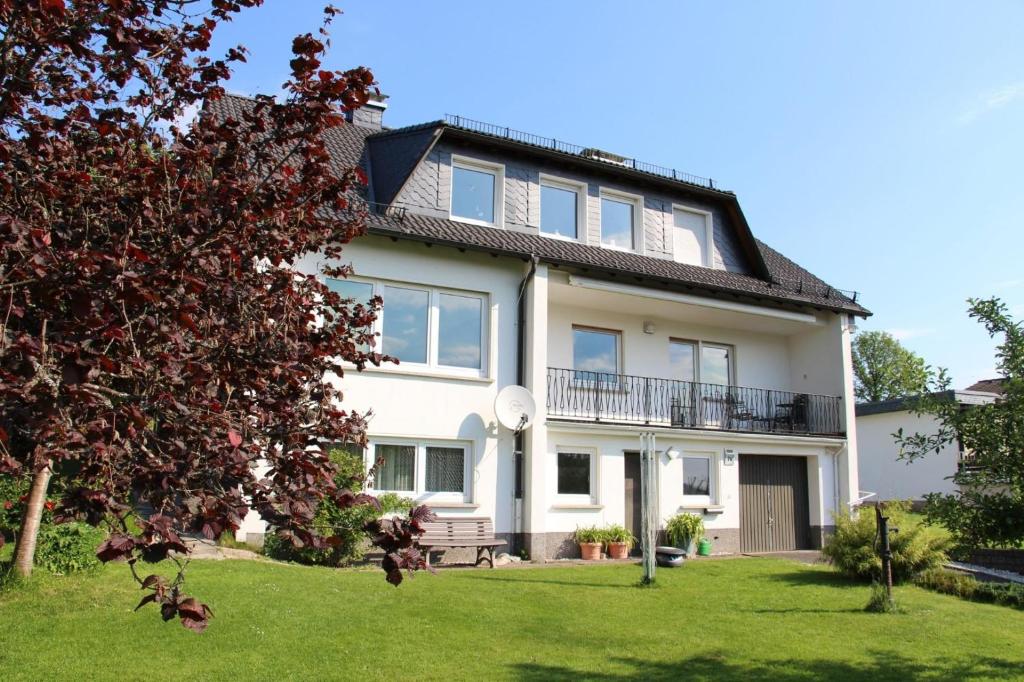 a large white house with a green yard at Ferienwohnung Hermann Miß in Bad Berleburg