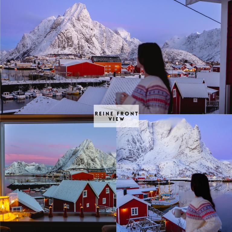 a collage of three pictures of a town with mountains at Reine Front View - Mountain & Seaview in Reine