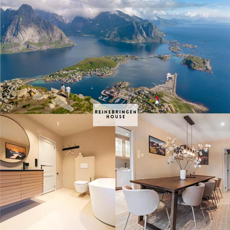 a collage of three pictures of a kitchen and a house at Reinebringen Trail House in Moskenes