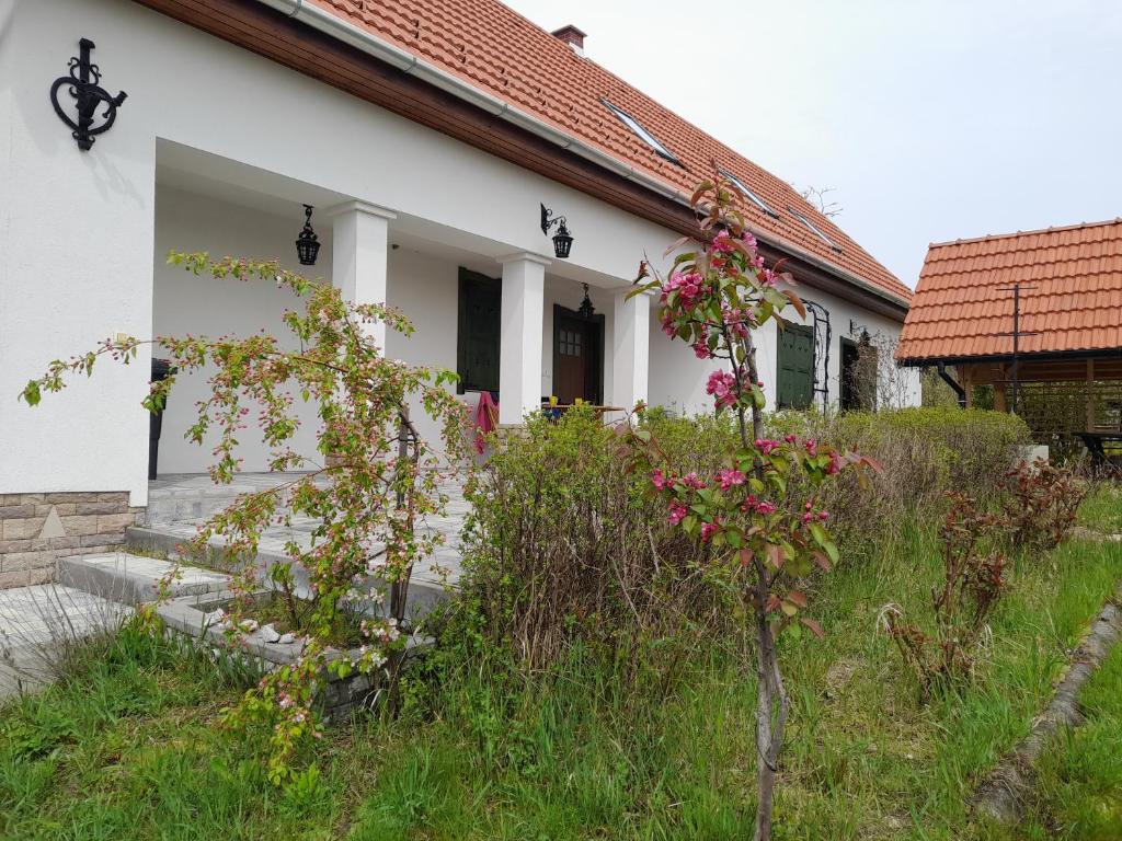 a white house with some flowers in the yard at Apartamenty Polonia in Cserépfalu