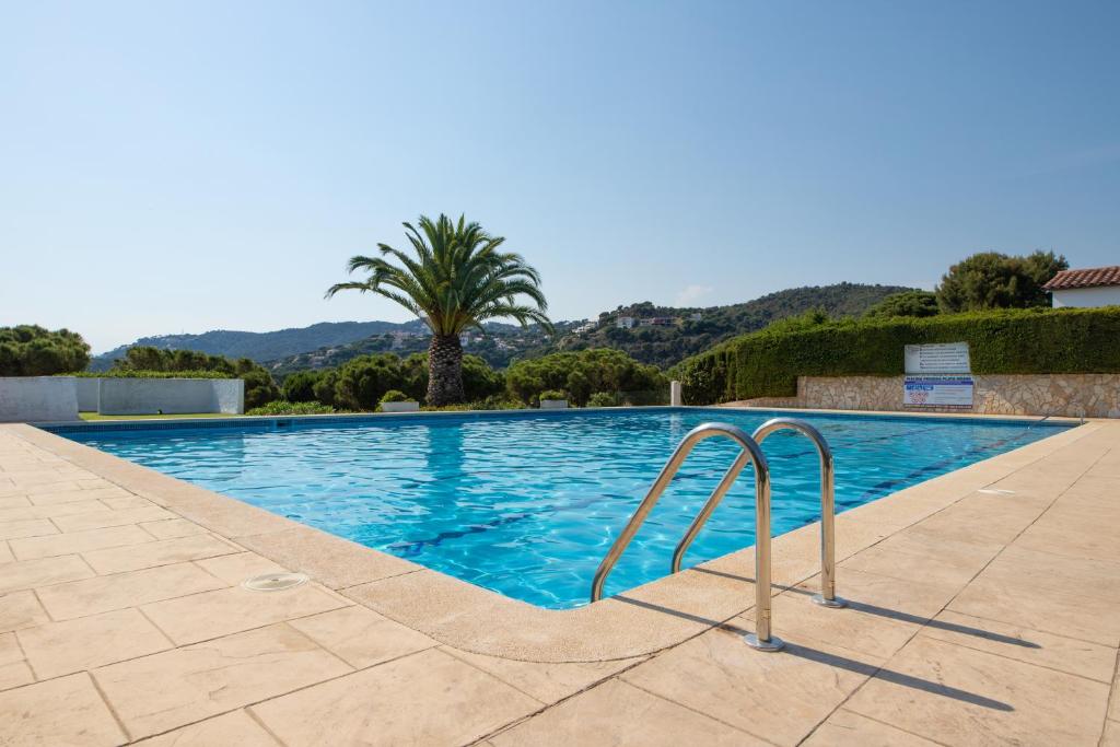 a swimming pool with blue water and a palm tree at CBA COSTA BRAVA - Cala Morisca in Tossa de Mar