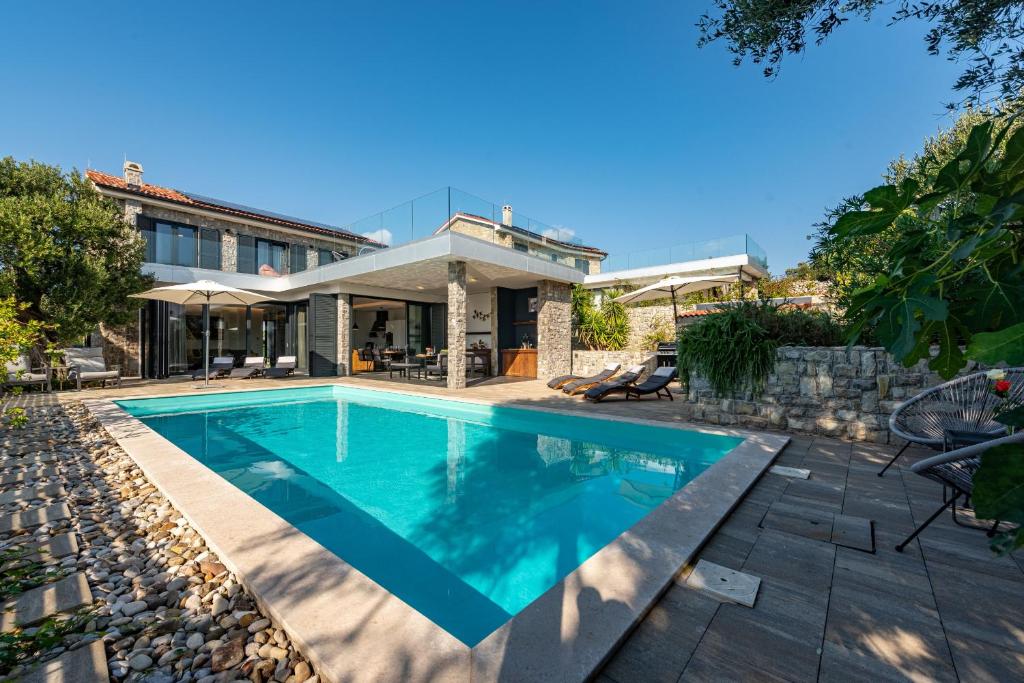 a swimming pool in front of a house at Vila Coratina ZadarVillas in Lun