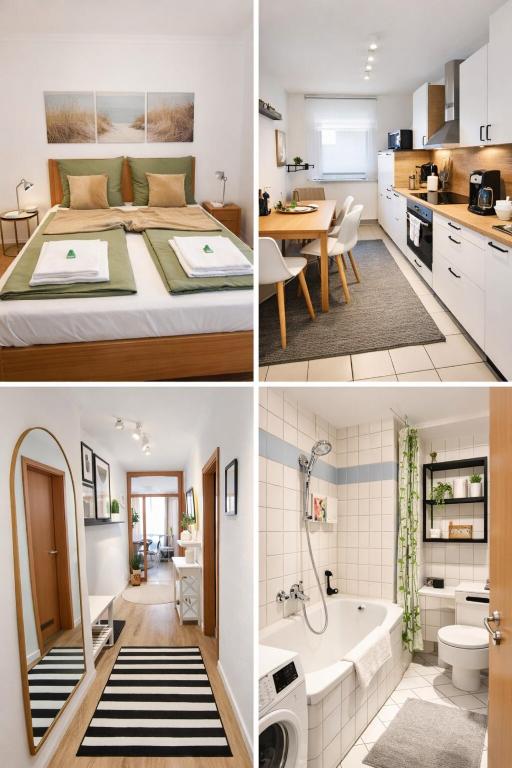 a room with a bed and a kitchen and a bathroom at Stilvolle Residenz am LU Mitte in Ludwigshafen am Rhein