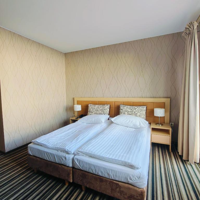 a bedroom with a large bed with two night stands at Hotel Riviera in Mierzyn