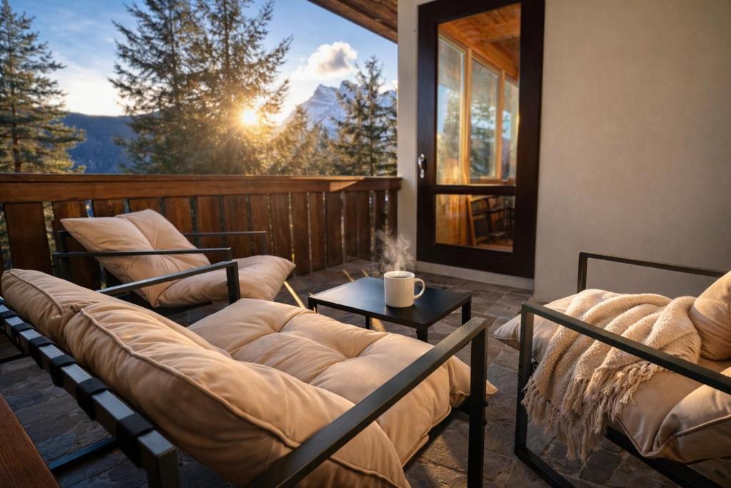a porch with three couches and a table with a view at Chalet DolceVista con SPA, vicino a Cortina d'Ampezzo in Borca di Cadore