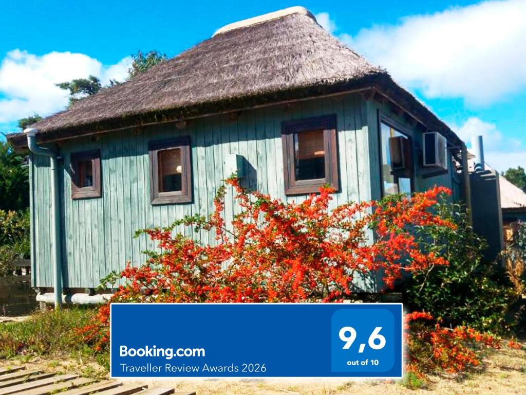 a small green house with a thatched roof at Cabañas Las Achiras in Punta Del Diablo