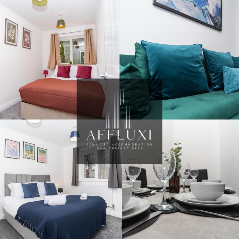a collage of photos of a bedroom and a bed at Maple - Telford House - With Parking in Telford