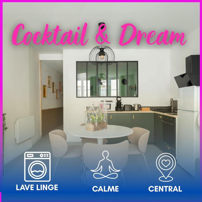 a room with a table and a kitchen with a sign at COCKTAIL & DREAM #Hyper Centre# Renové# fully equiped in Chalon-sur-Saône