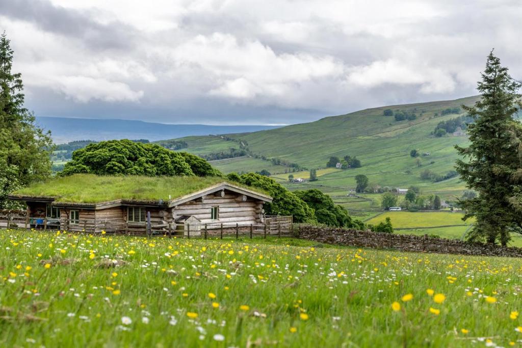 an old cabin with a grass roof in a field of flowers at 4 Bed in Alston oc-nb575 in Alston