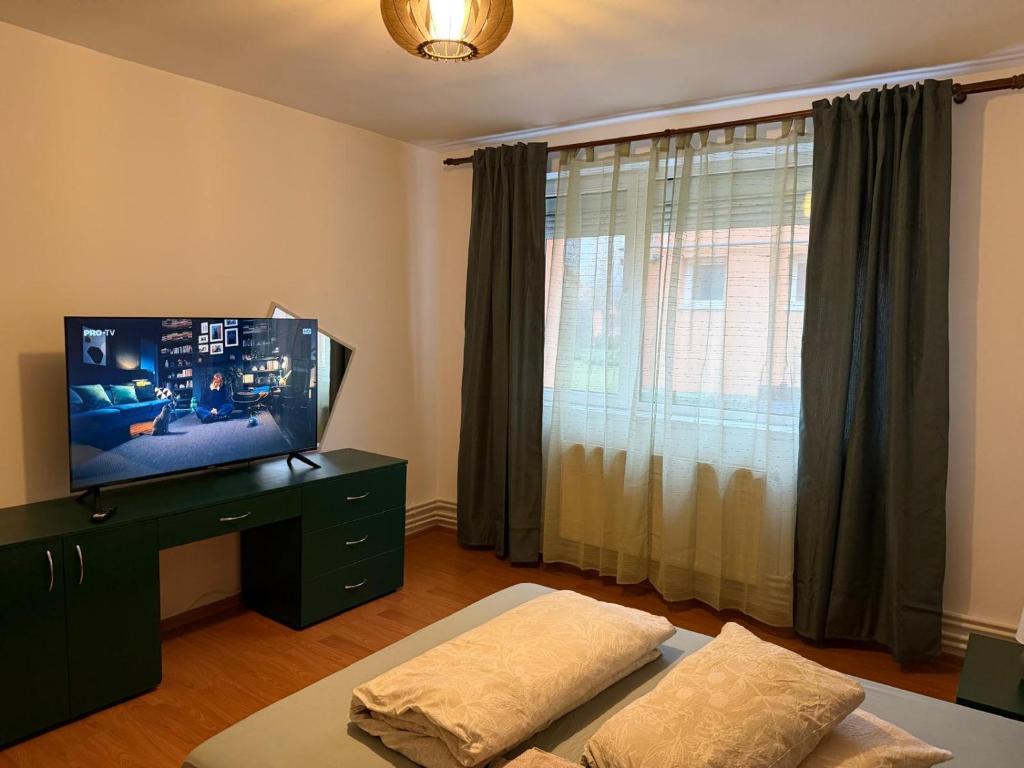 a living room with a flat screen tv and a couch at venus resort in Dumbrăviţa