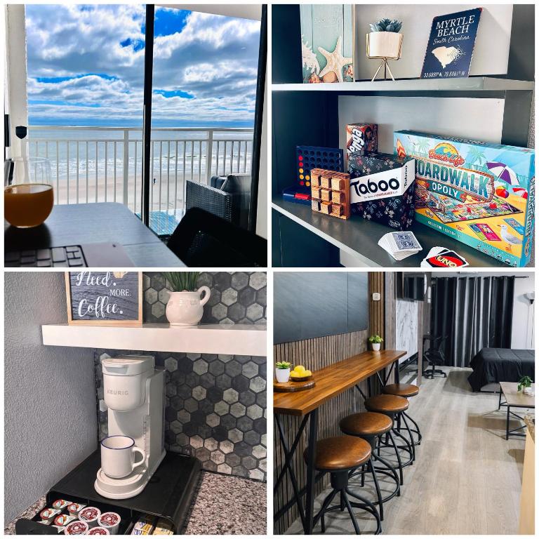 a collage of photos of a coffee shop with a view of the ocean at Theo's Oceanfront Breeze in Myrtle Beach