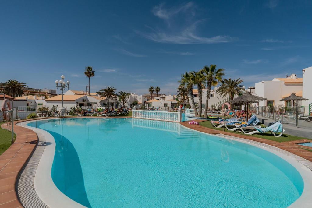 a swimming pool at a resort with chairs and palm trees at The Energy Apartment in Caleta De Fuste