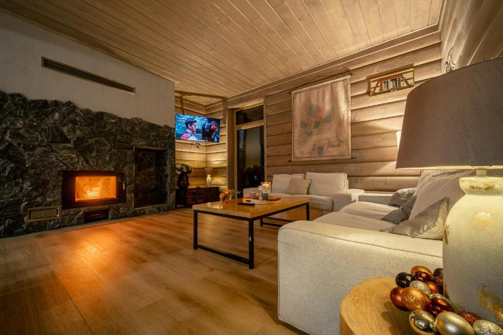 a living room with a couch and a fireplace at Domek nad Potokiem 2 in Nowy Targ