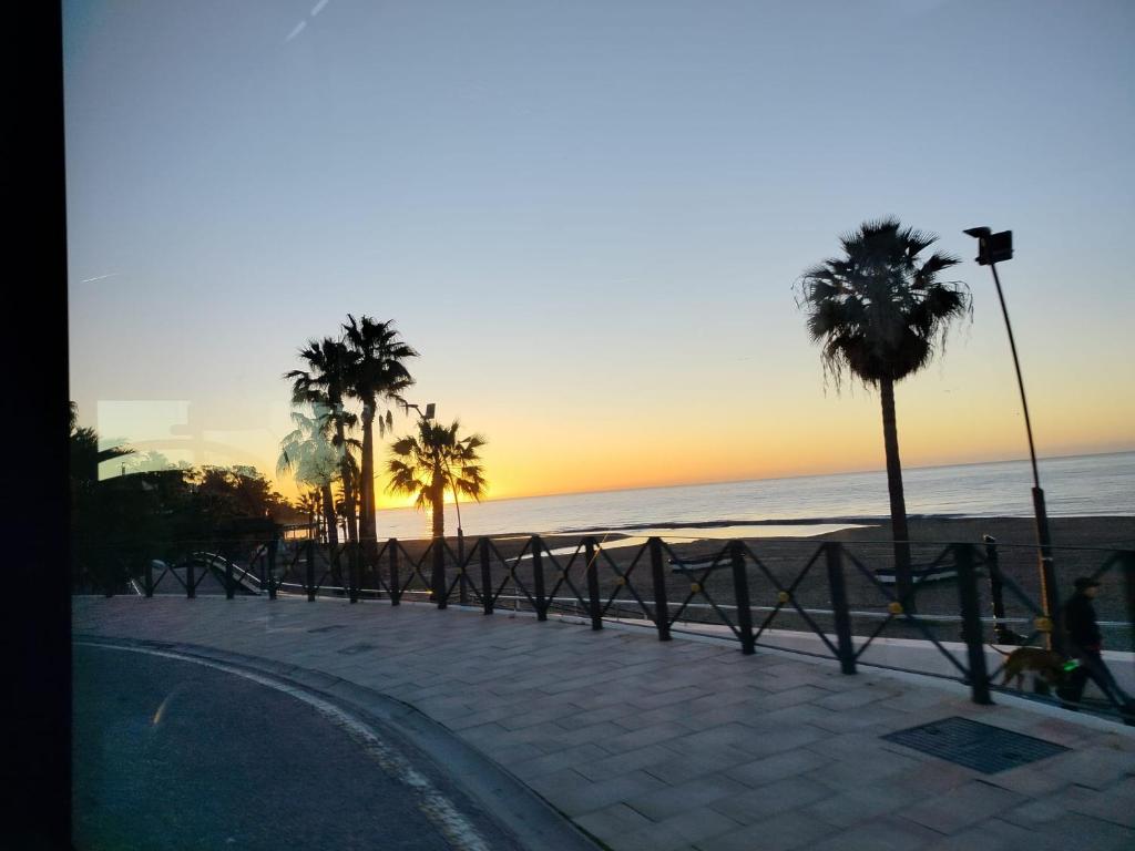 a sidewalk with palm trees and the ocean at sunset at Salve habitación in Estepona