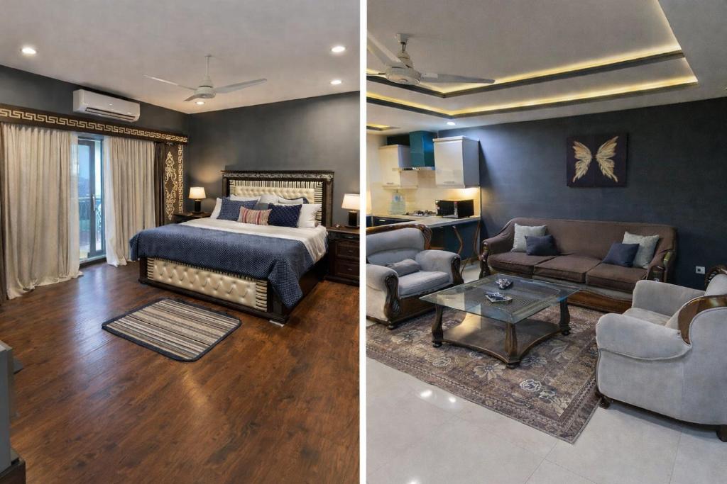 a bedroom and a living room with a bed and a couch at The Nest Apartment in Rawalpindi