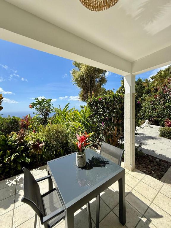 a table and chairs on a patio with a view of the ocean at Gîte Ti Volkan in Saint-Claude