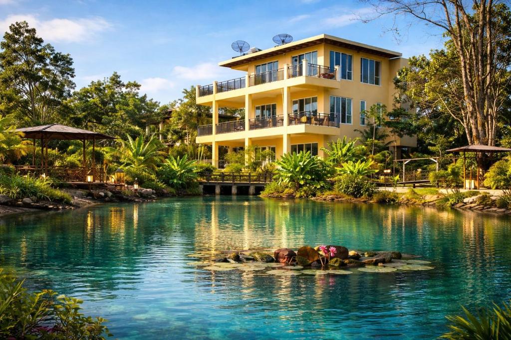 a building in the middle of a river at Baanphet Sukphrom Wang Nam Khiao in Ban Khlong Ta Sang