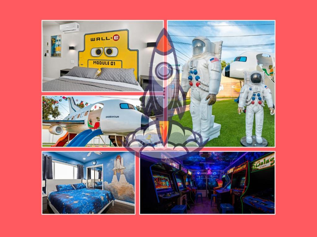 a collage of pictures of a room with an astronaut at Galaxy Quest by OC Adventure Homes in Garden Grove