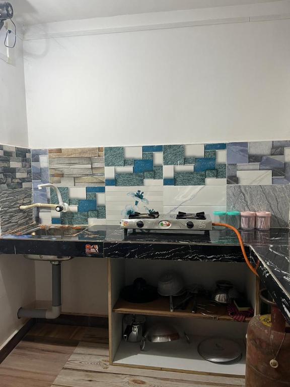 a kitchen counter with a sink and a counter top with a counter at Swagatom Homestay in Jorhat