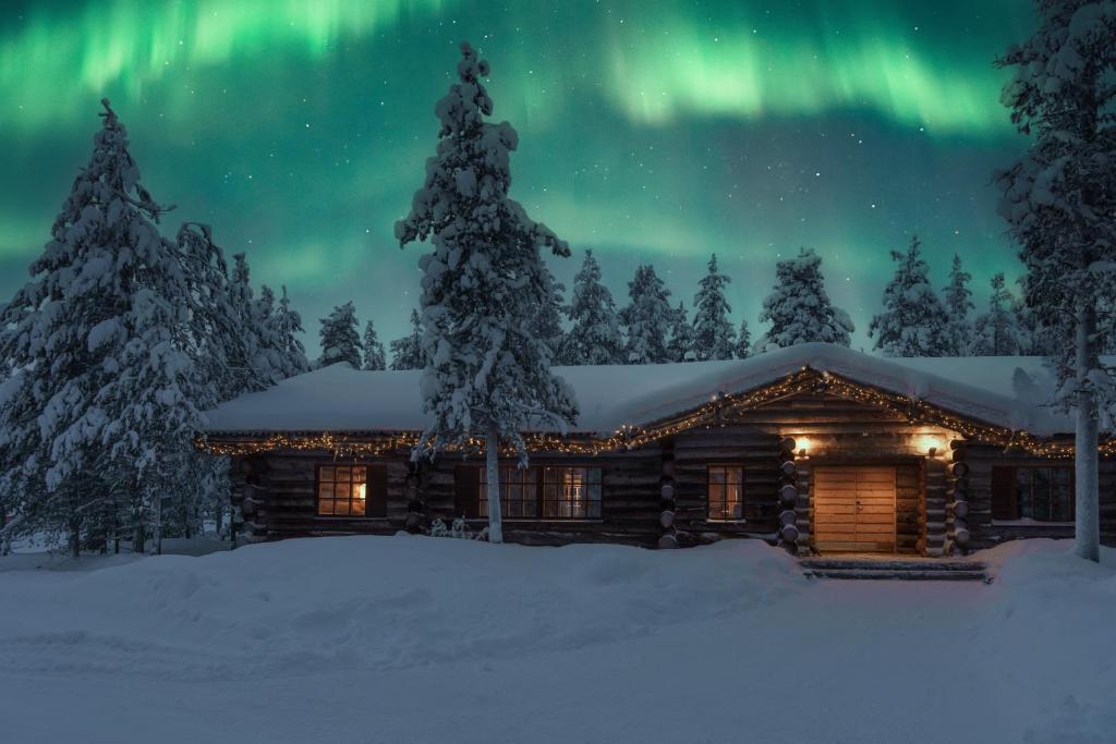 a log cabin under the aurora in the woods at Saariselkä Kelo Lodge in Saariselka