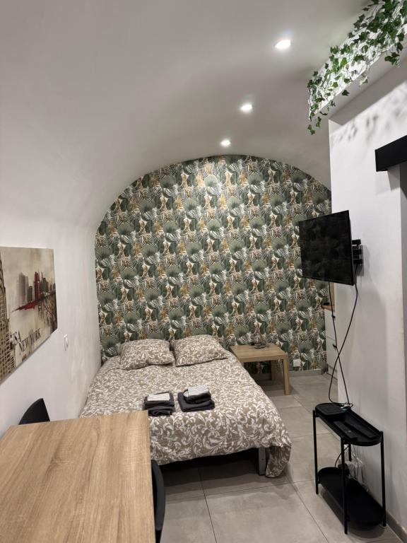 a bedroom with a bed and a wall at Studio rénové centre-ville - Tram et Parking gratuit in Saint-Jean-de-Védas