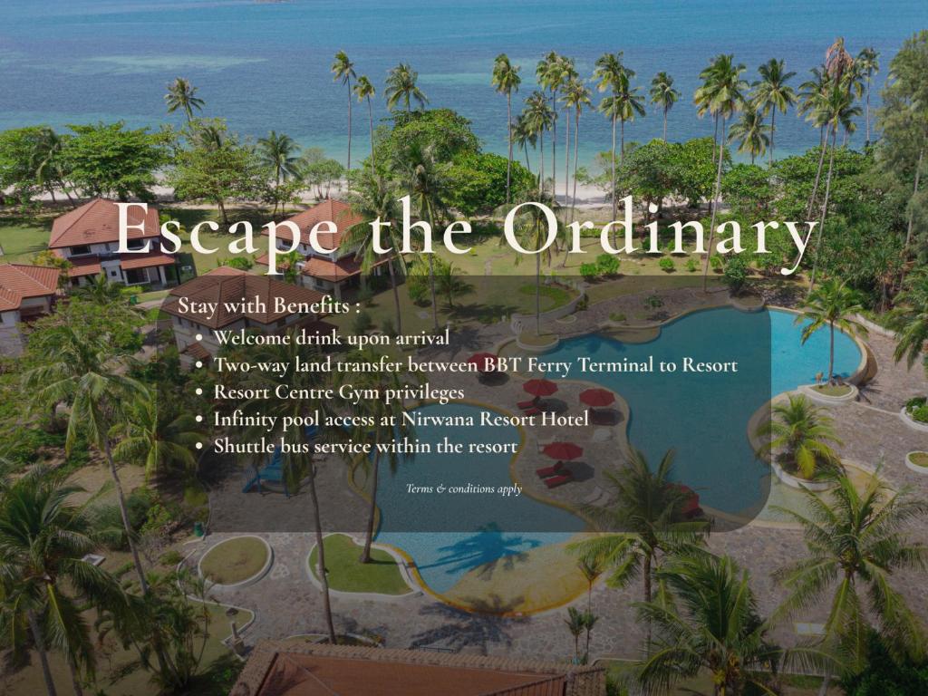 a flyer for a resort with the words escape the ordinary at Banyu Biru Villa in Lagoi