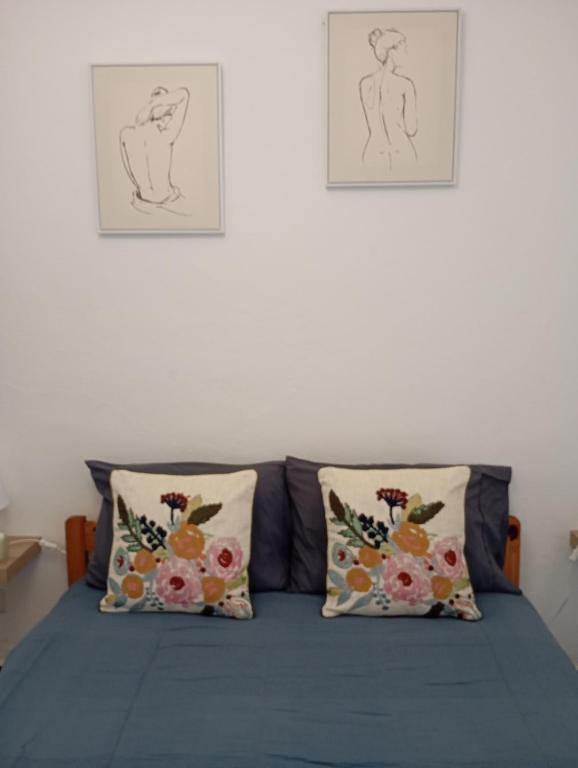 a bed with two pillows and two drawings on the wall at Apartamentos São Sebastião in Évora
