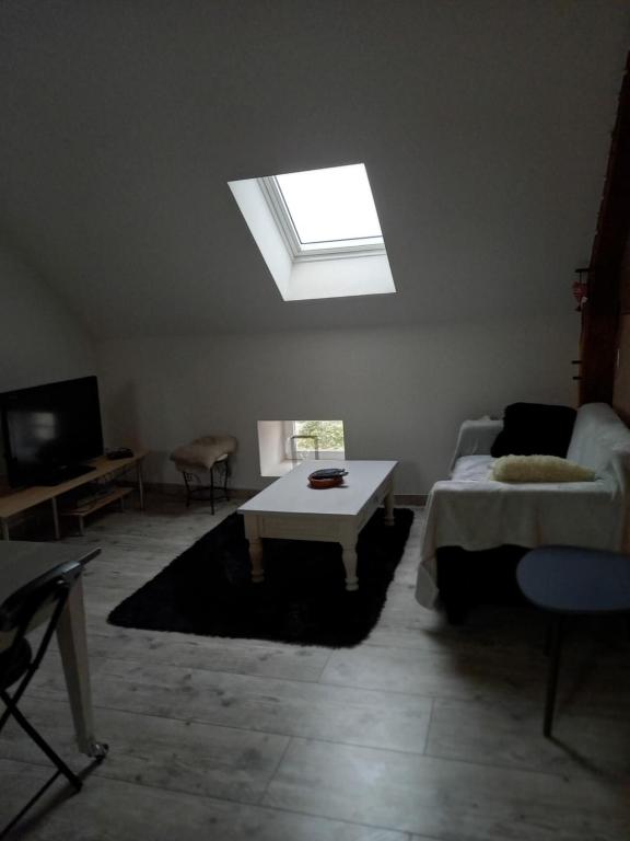 a living room with a couch and a skylight at vive l'auvergne in Vensat