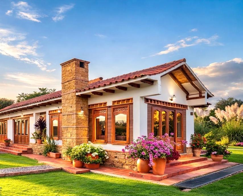 a house with potted plants in a yard at Chalet Privado in Villa de Leyva