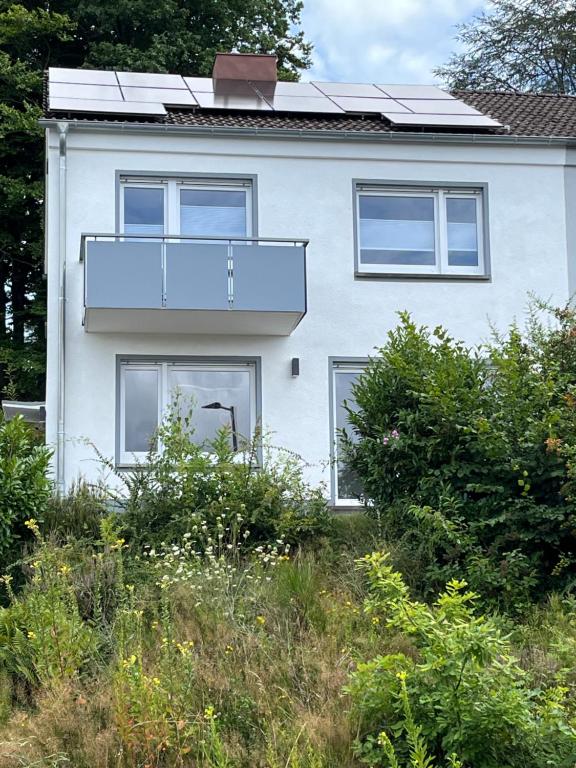 a white house with windows and bushes in front of it at Casa Forest Jump in Pirmasens