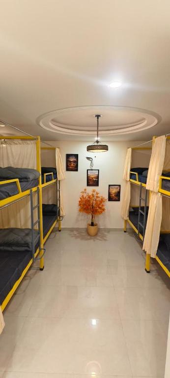 a room with three bunk beds and a ceiling at Suitcase Stories Delhi in New Delhi