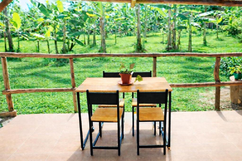 a wooden table with two chairs and a potted plant on it at Casa Cacau Boipeba in Ilha de Boipeba
