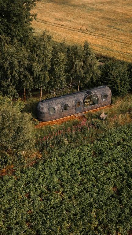 a train is going down the tracks in a field at Boath Cabin in Auldearn
