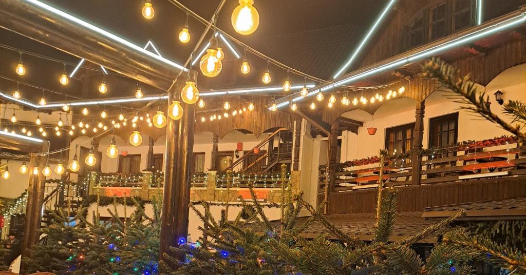 a building with lights and christmas trees in a room at La Ceaune & Hanul Ceaunelor Voronet in Voronet