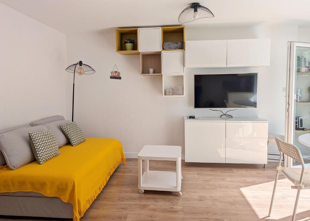 a living room with a bed and a flat screen tv at Aux cigognes de Blotzheim in Blotzheim