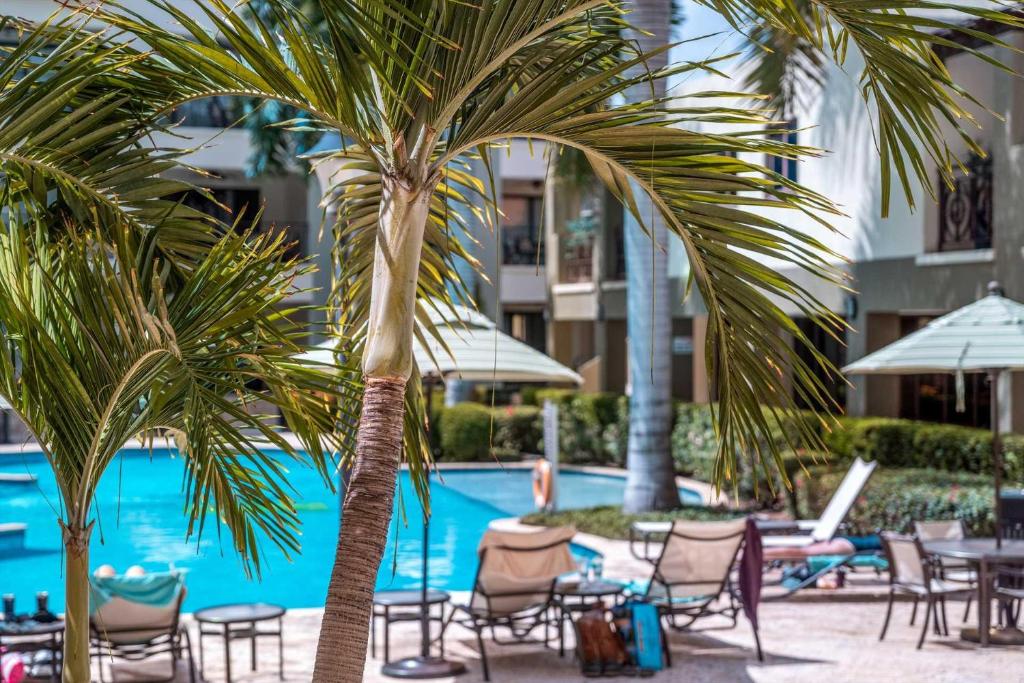 a hotel with chairs and palm trees and a pool at PC103 - easy Pool Access - Perfect for family in Palm-Eagle Beach