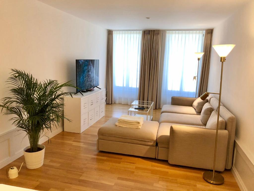 a living room with a couch and a tv at Old Town Apartments - Self Check-In in Bern