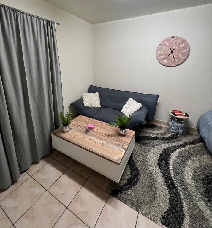 a living room with a couch and a coffee table at Le Nid du Centre in Anzin