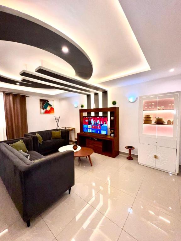 Cosy Appartment في ياوندي: غرفة معيشة بها أريكة وجهاز تلفزيون